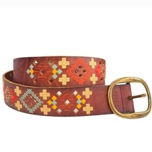 Fossil Southwestern Embroidered Cross Stitch Brass Leather Boho Belt Sz M